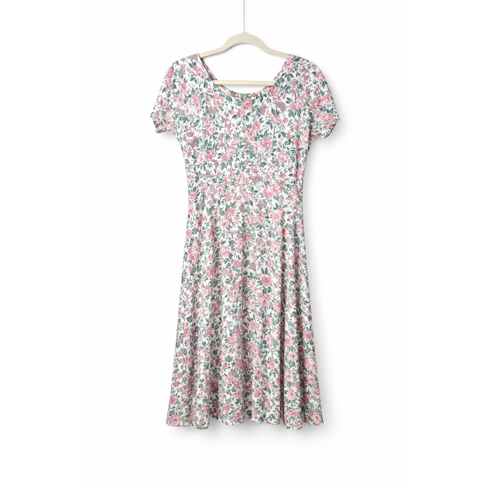Vintage 80s 90s Rose Floral Empire Waist Midi Dress‎ Cottagecore Romantic Sm-Med
